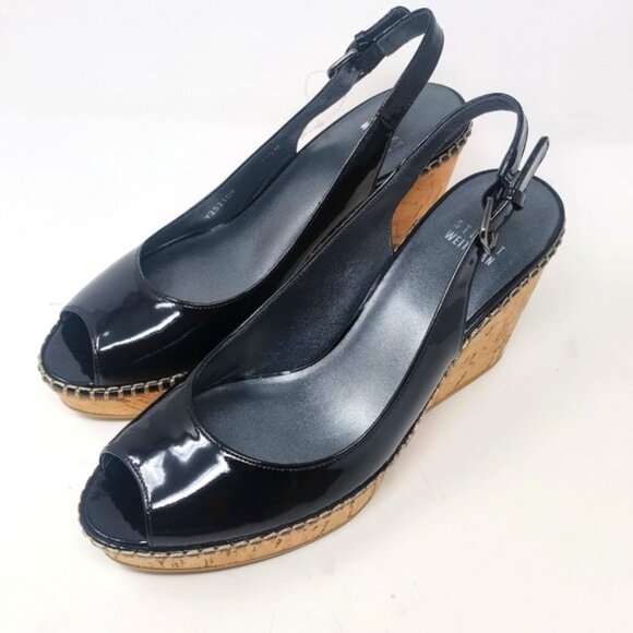 Stuart Weitzman Black Patent Leather Slingback Wedges 7.5 - Picture 3 of 8
